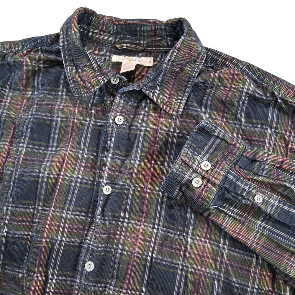 Carbon 2 Cobalt Button Down Mens XL Navy Plaid Corduroy Long Sleeve Shirt